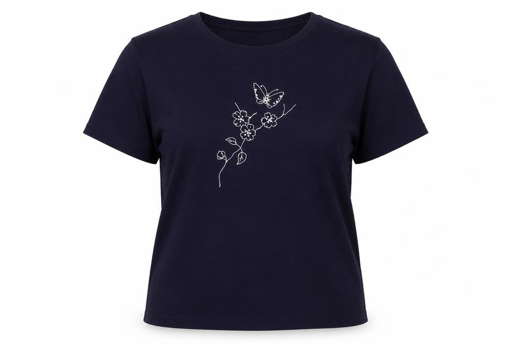 Lana Womens Blue Polyester Basic T-Shirt Size L Round Neck - Flower, Butterfly