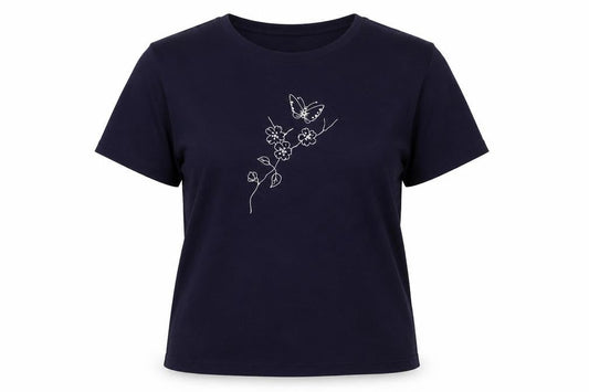Lana Womens Blue Polyester Basic T-Shirt Size L Round Neck - Flower, Butterfly