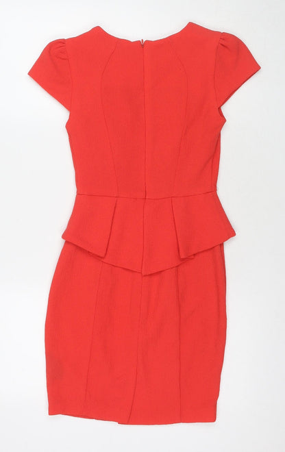 Back view of Miss Selfridge women’s red polyester a-line, size UK 6, round neck zip
