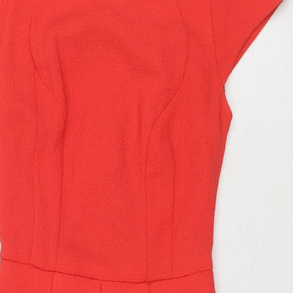 Close-up detail of Miss Selfridge women’s red polyester a-line, size UK 6, round neck zip