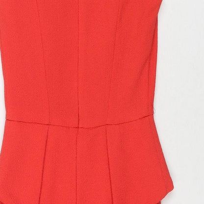 Brand and care label for Miss Selfridge women’s red polyester a-line, size UK 6, round neck zip
