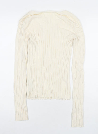 H&M Womens White V-Neck Acrylic Pullover Jumper Size S - Ribbed