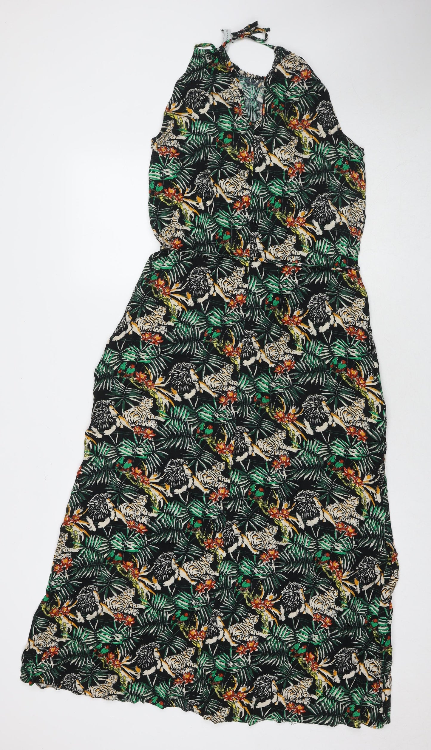 Warehouse Womens Green Floral Viscose A-Line Size 12 Square Neck Pullover