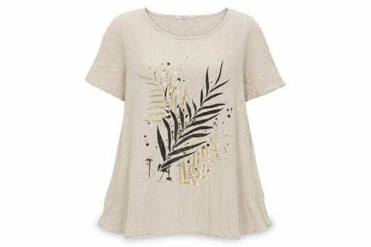 Made in Italy Womens Beige Cotton Tunic T-Shirt Size L Round Neck - Leaf