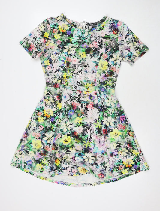 Warehouse Womens Multicoloured Floral Polyester Fit & Flare Size 10 Round Neck Zip