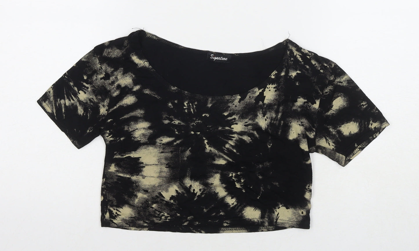 Signature Womens Black Viscose Cropped T-Shirt Size M Round Neck