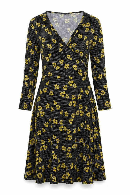 Debenhams Womens Black Polka Dot Viscose Fit & Flare Size 12 V-Neck Pullover - Flowers