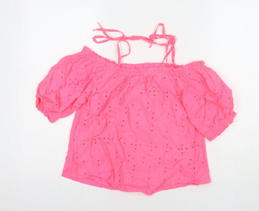 NEXT Womens Pink Cotton Basic Tank Size 6 Off the Shoulder - Embraided Detail Cold Shoulder