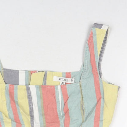 Close-up detail of Missguided women’s multicoloured striped cotton cropped tank, size UK 8, square neck