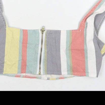 Brand and care label for Missguided women’s multicoloured striped cotton cropped tank, size UK 8, square neck