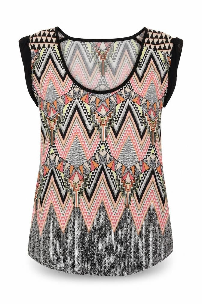 Warehouse Womens Multicoloured Geometric Polyester Basic T-Shirt Size 6 Round Neck