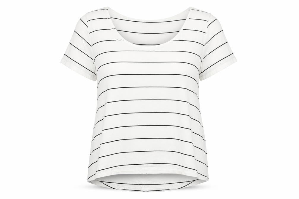 FOREVER 21 Womens White Striped Viscose Basic T-Shirt Size M Round Neck