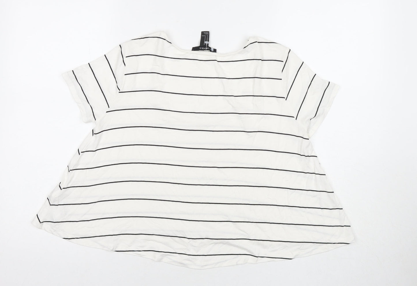 FOREVER 21 Womens White Striped Viscose Basic T-Shirt Size M Round Neck