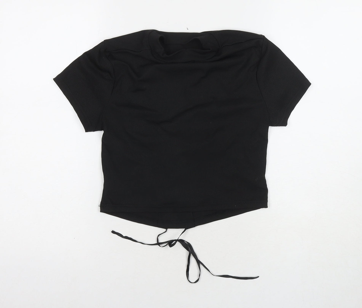 ROMWE Womens Black Polyester Basic T-Shirt Size L Round Neck - Cut Out Back Detail