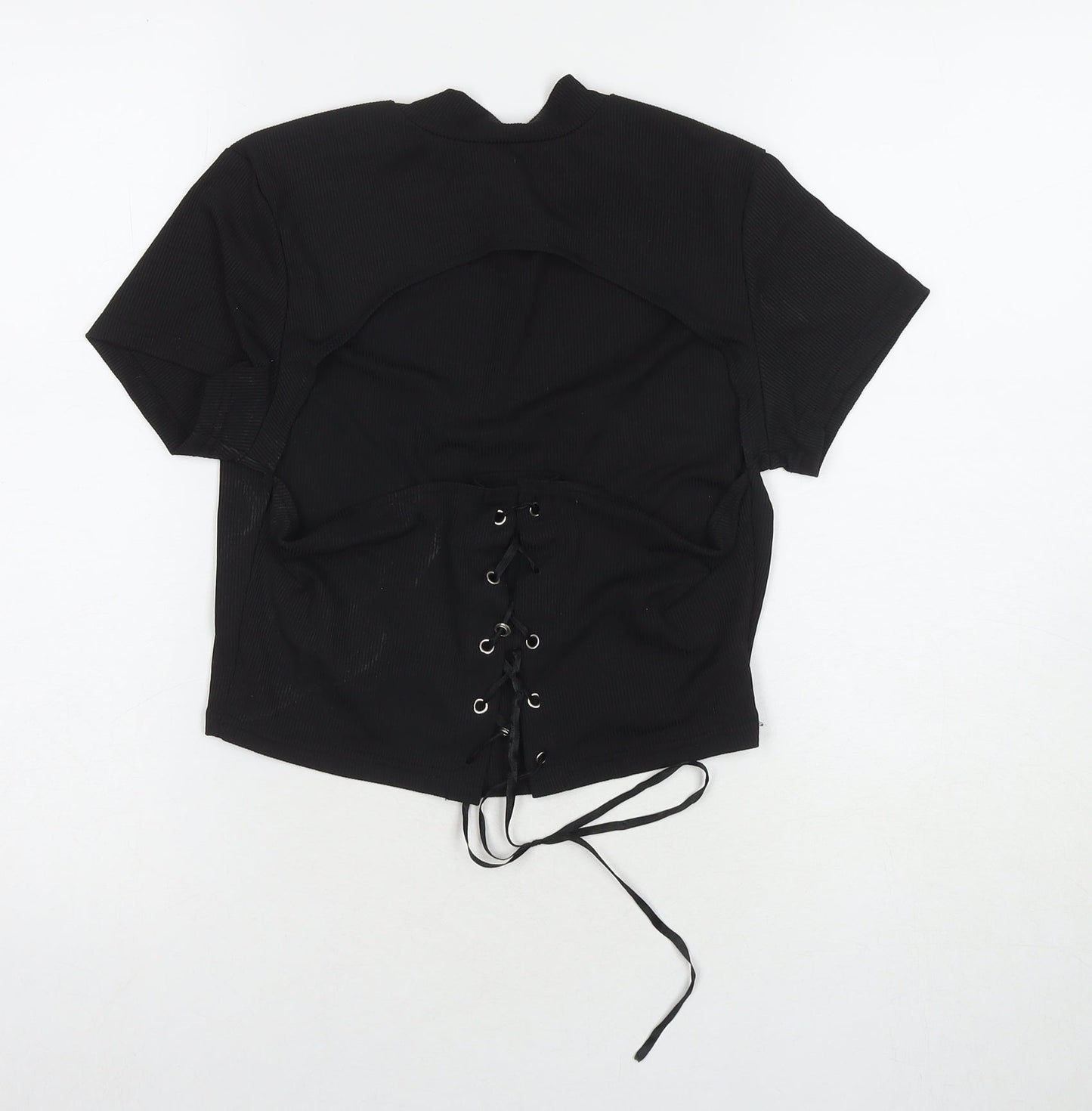 ROMWE Womens Black Polyester Basic T-Shirt Size L Round Neck - Cut Out Back Detail