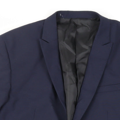 Close-up detail of ASOS men’s blue polyester jacket suit jacket, size 42, regular