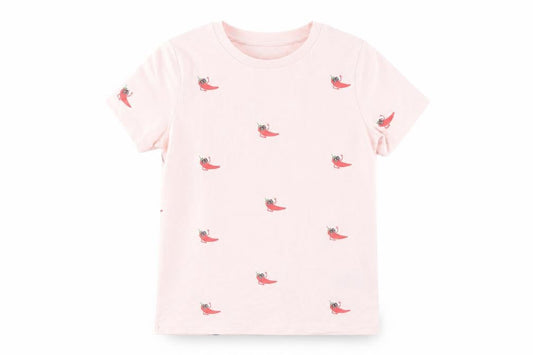Front view of Marks & Spencer girls’ pink geometric cotton pullover t-shirt, years crew neck pullover - chilli peppers print