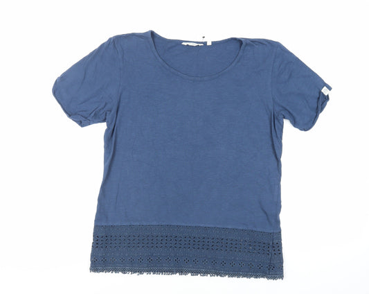 One Earth Womens Blue Cotton Basic T-Shirt Size 14 Round Neck - Embroidered Detail