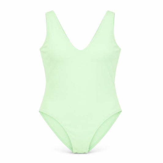 Front view of Miss Selfridge women’s green cotton bodysuit one-piece, size UK 12, snap