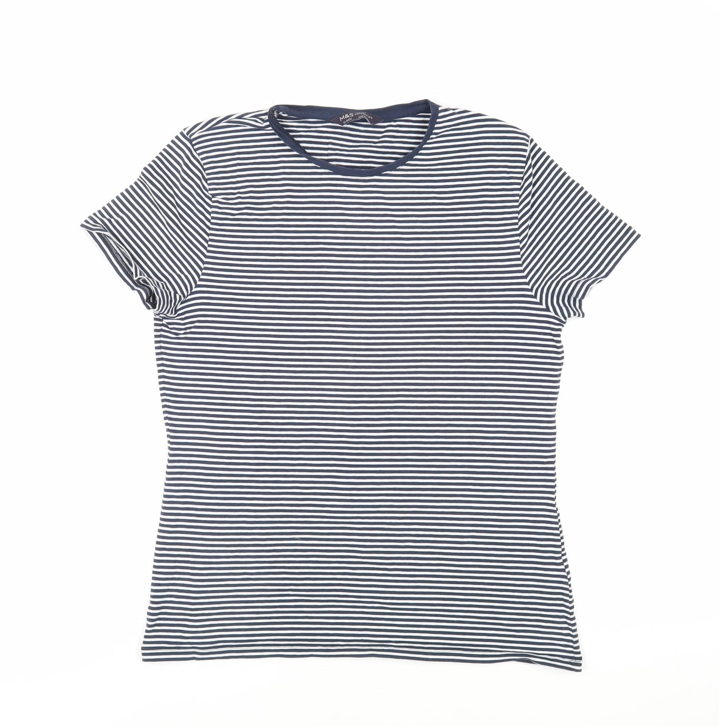 Marks and Spencer Womens Blue Striped Cotton Basic T-Shirt Size 14 Crew Neck
