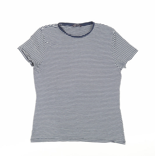 Marks and Spencer Womens Blue Striped Cotton Basic T-Shirt Size 14 Crew Neck