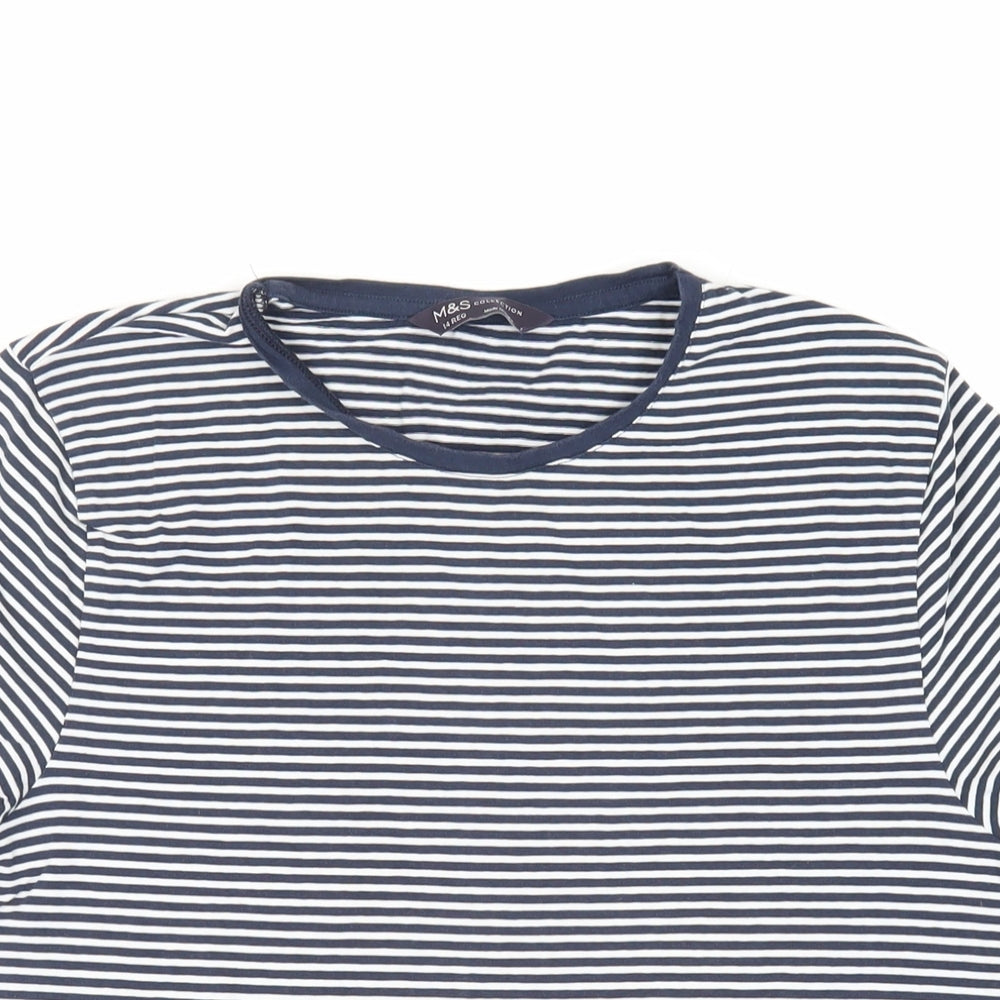 Marks and Spencer Womens Blue Striped Cotton Basic T-Shirt Size 14 Crew Neck