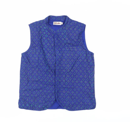 Additional front view of Fabindia boys’ blue geometric jacket waistcoat, size 10-11, years button