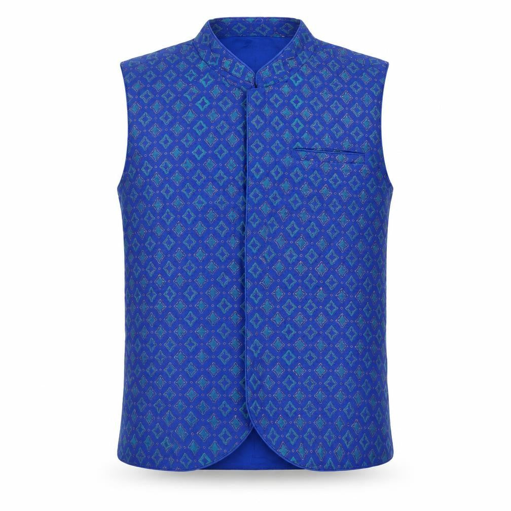 Fabindia Boys Blue Geometric Jacket Waistcoat Size 10-11 Years Button