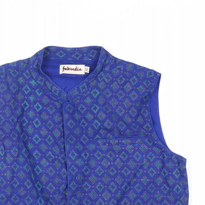 Close-up detail of Fabindia boys’ blue geometric jacket waistcoat, size 10-11, years button