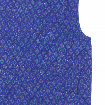 Brand and care label for Fabindia boys’ blue geometric jacket waistcoat, size 10-11, years button