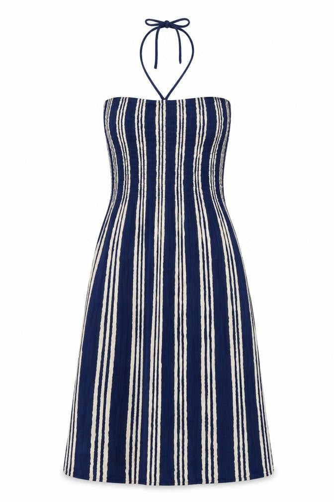 Pebble Bay Womens Blue Striped Viscose Shift Size M Off the Shoulder Tie