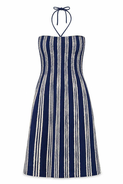 Pebble Bay Womens Blue Striped Viscose Shift Size M Off the Shoulder Tie