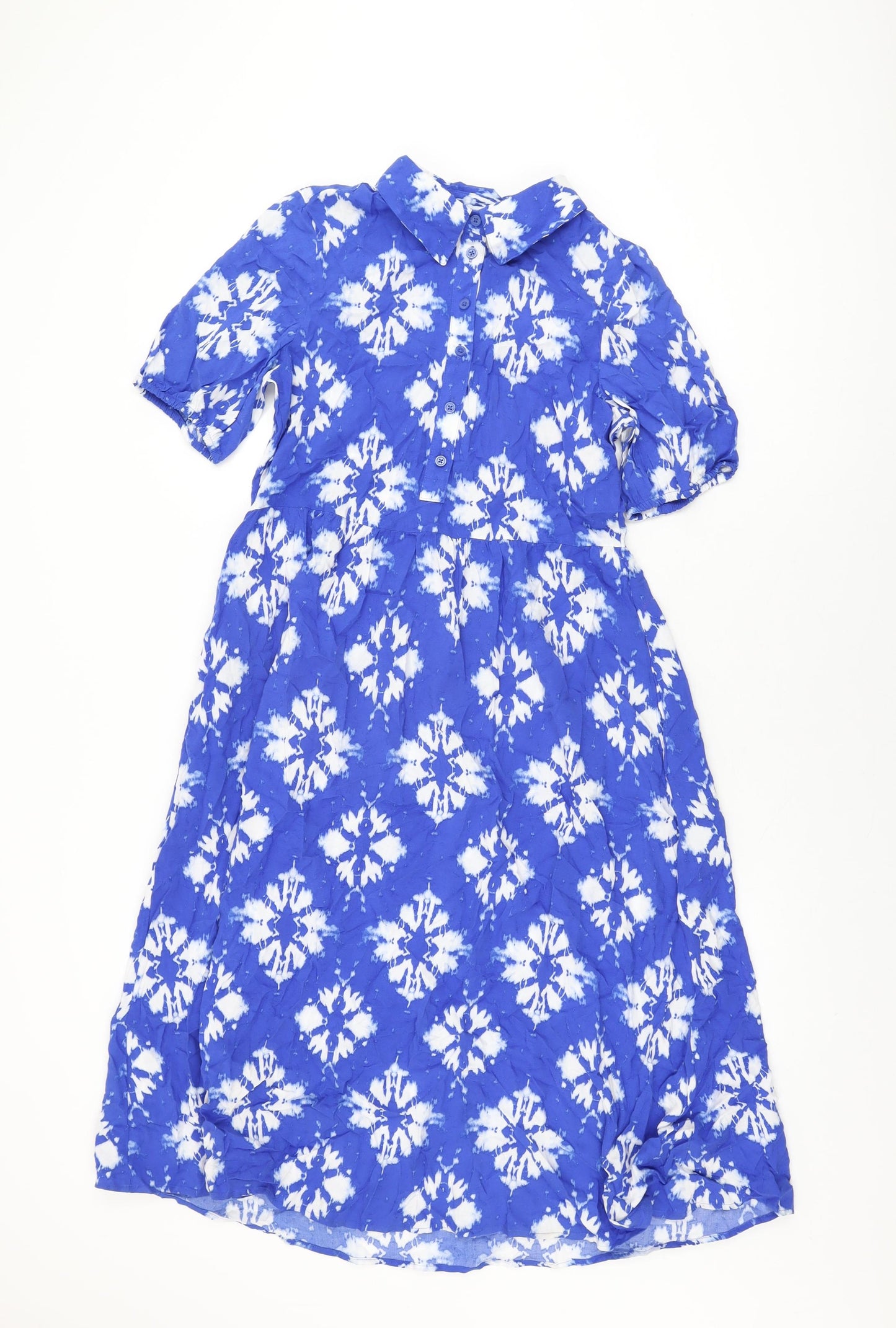 Marks and Spencer Womens Blue Geometric Viscose A-Line Size 8 Collared Button
