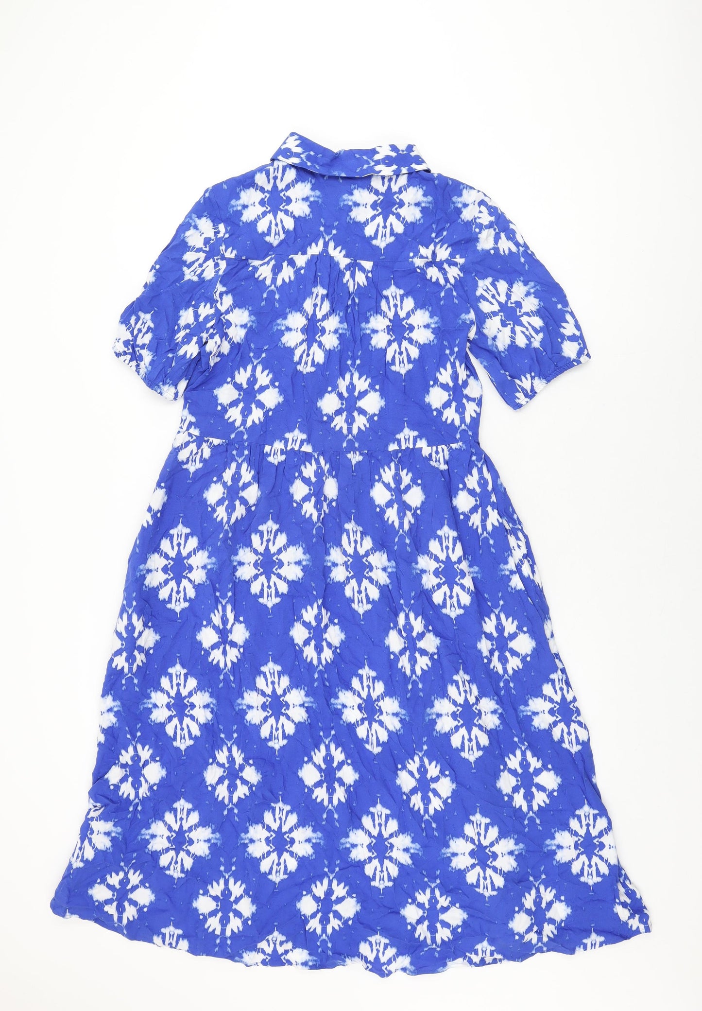 Marks and Spencer Womens Blue Geometric Viscose A-Line Size 8 Collared Button