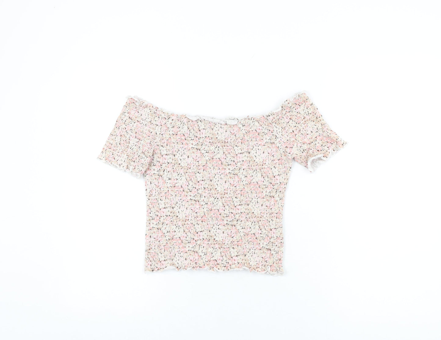 H&M Womens Pink Floral Cotton Cropped T-Shirt Size M Off the Shoulder