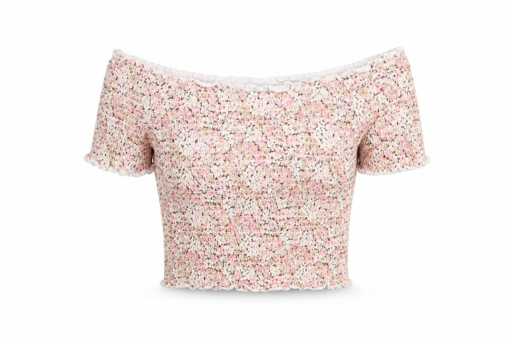 H&M Womens Pink Floral Cotton Cropped T-Shirt Size M Off the Shoulder