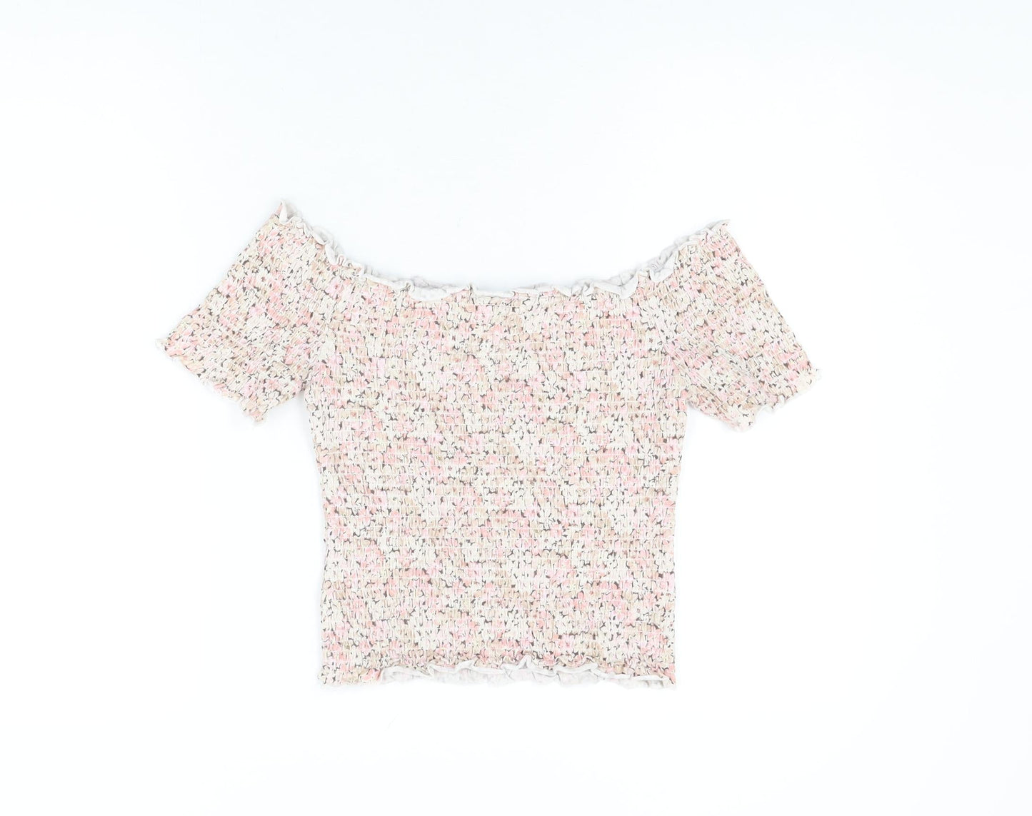 H&M Womens Pink Floral Cotton Cropped T-Shirt Size M Off the Shoulder