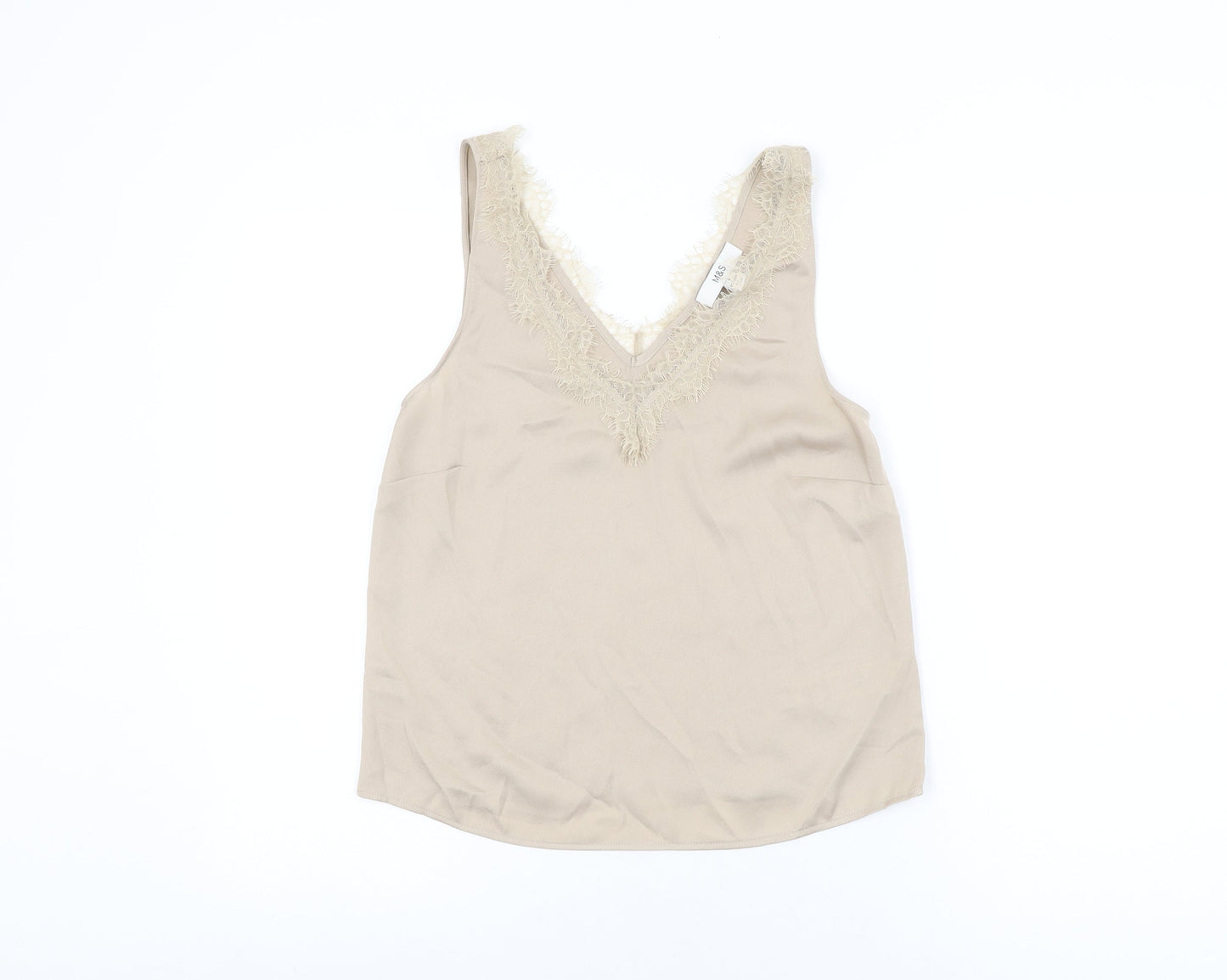 Marks and Spencer Womens Beige Polyester Basic T-Shirt Size 6 V-Neck