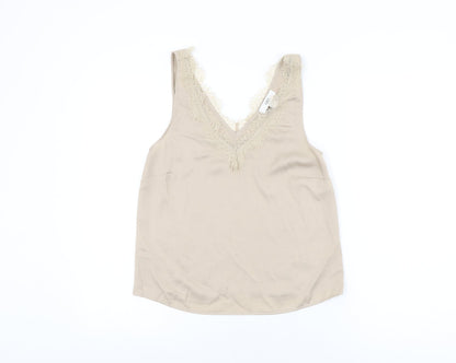 Marks & Spencer Womens Beige Polyester Basic T-Shirt Size 6 V-Neck