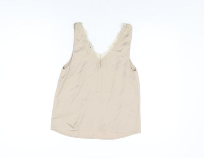 Marks & Spencer Womens Beige Polyester Basic T-Shirt Size 6 V-Neck