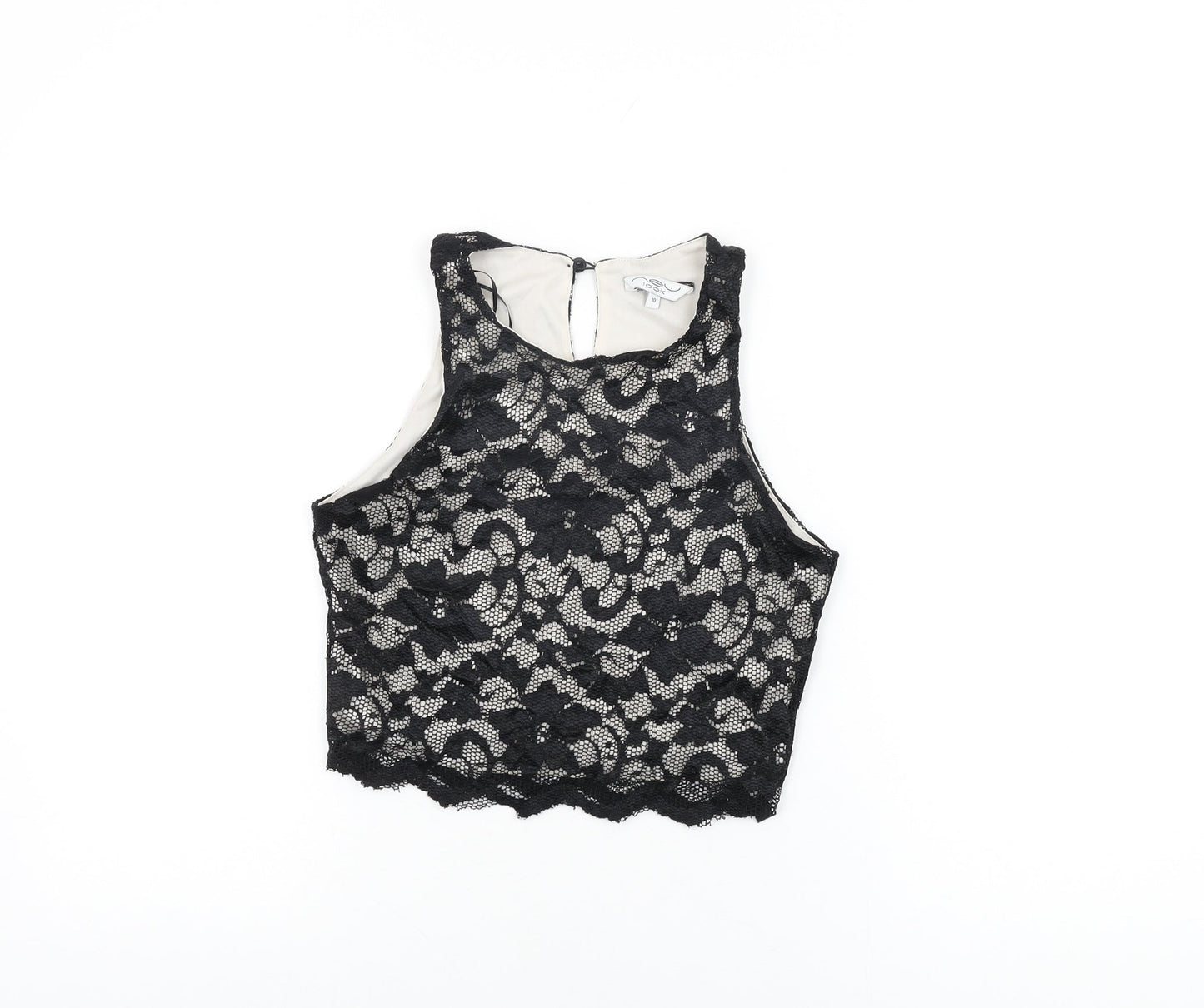 New Look Womens Black Floral Nylon Cropped T-Shirt Size 10 Round Neck