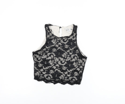 New Look Womens Black Floral Nylon Cropped T-Shirt Size 10 Round Neck
