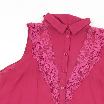 Close-up detail of Miss Selfridge women’s pink polyester basic button-up, size UK 10, collared