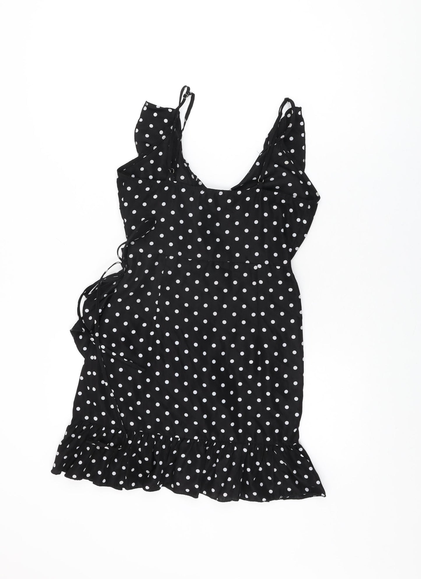 PRETTYLITTLETHING Womens Black Polka Dot Polyester Wrap Dress Size 8 V-Neck Tie