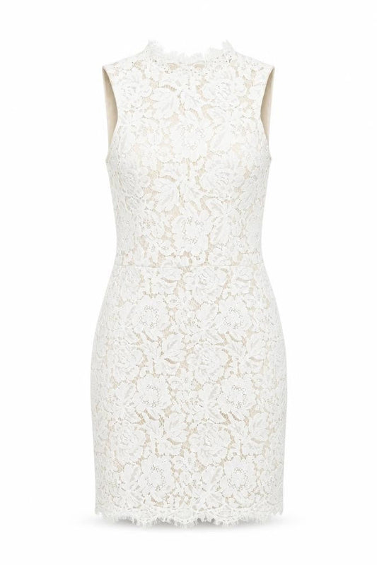 Front view of Missguided women’s white floral polyester bodycon, size UK 10, round neck zip