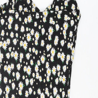 Bershka Womens Black Floral Viscose Mini Size M V-Neck Pullover