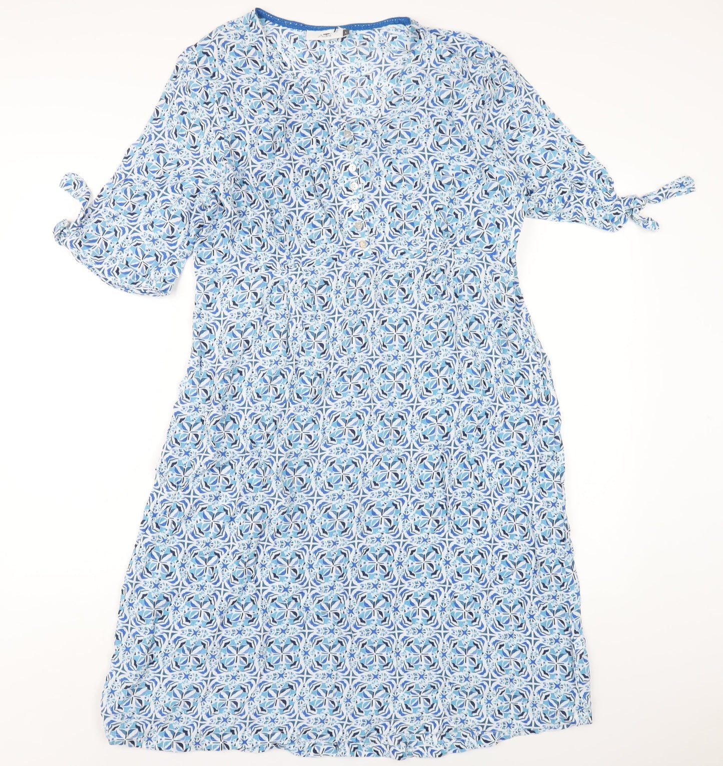 Adini Womens Blue Geometric Viscose A-Line Size L Round Neck Zip