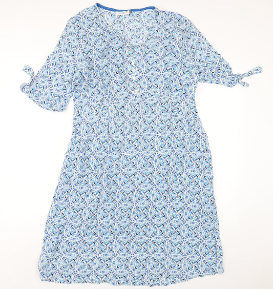Adini Womens Blue Geometric Viscose A-Line Size L Round Neck Zip