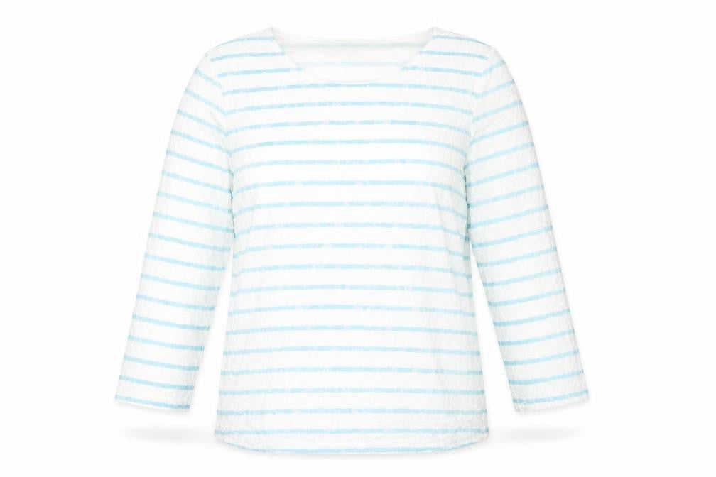 Annabelle Womens Blue Striped Polyester Basic T-Shirt Size S Round Neck