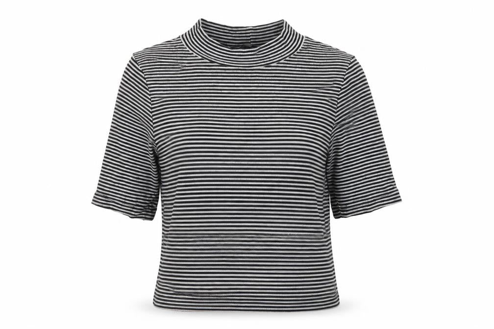 H&M Womens Grey Striped Cotton Basic T-Shirt Size M Mock Neck